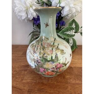 Vintage Midori Japan Peacock Vase Hand Painted Celadon Gold Bamboo Floral Design